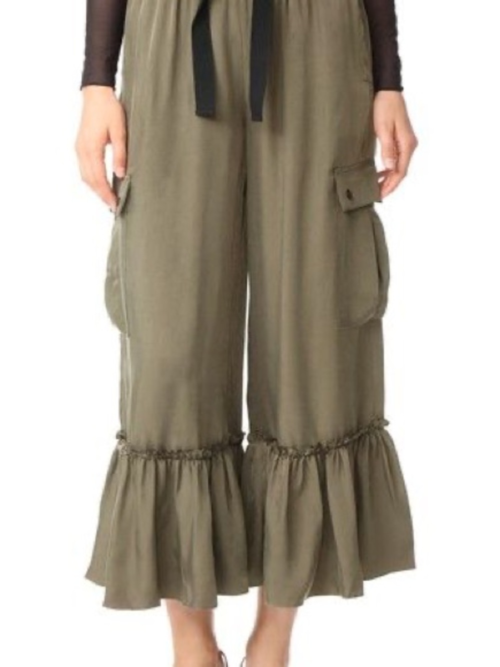 Cinq à Sept Priscilla Olive Cupro Ruffle Hem Cropped Cargo Pants XS